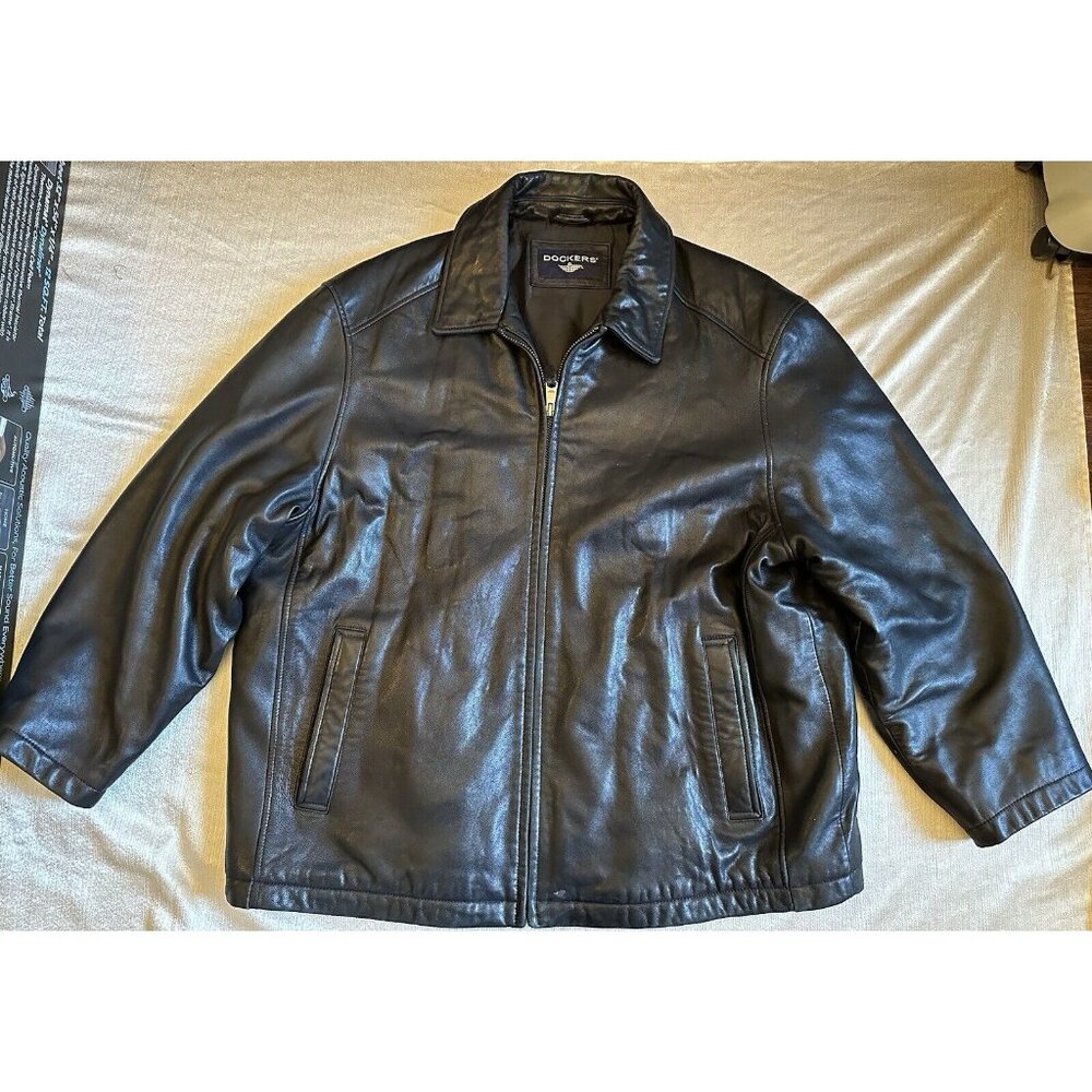 Vtg Dockers Soft Black Leather Bomber Jacket Coat Mens‎ XL Trendy Preppy Moto